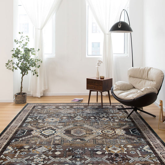 Living room with a patterned rug, chair, and side table.