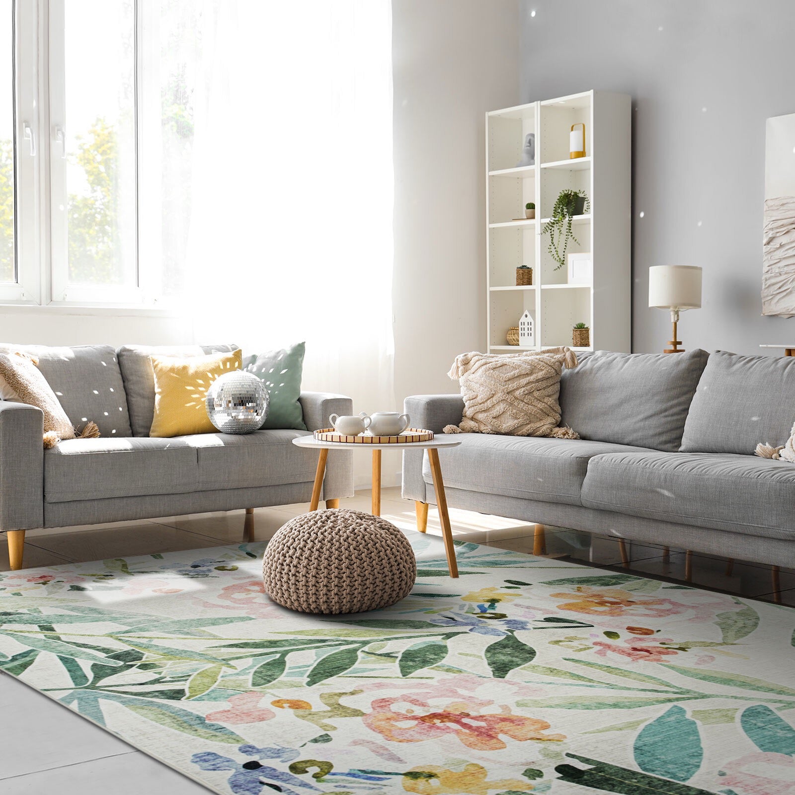 Floral hand printed Minimalist rug.