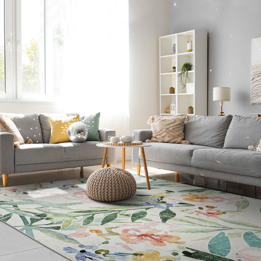Floral hand printed Minimalist rug.